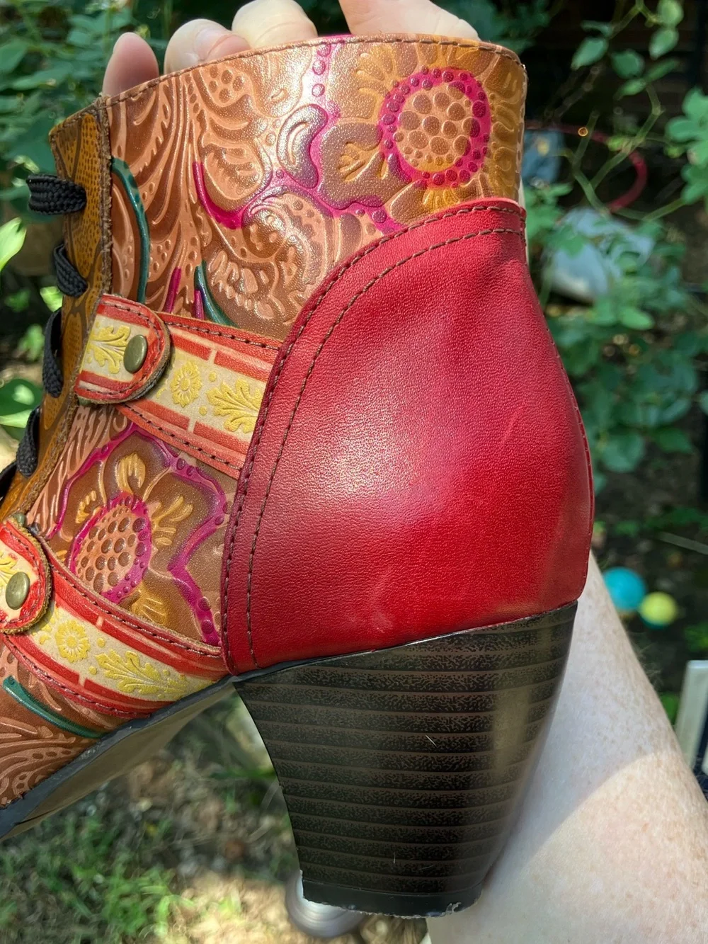 Women's Floral Embossed Red & Brown Lace-Up Ankle Booties size US 7.5-8
